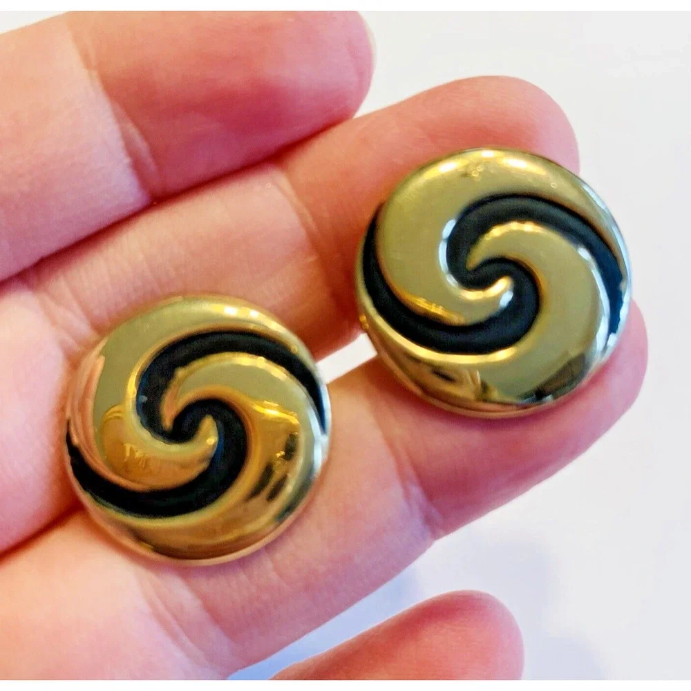Vintage Mid Century Cufflinks Classic Mod Design Goldtone & Black Finish Swirls